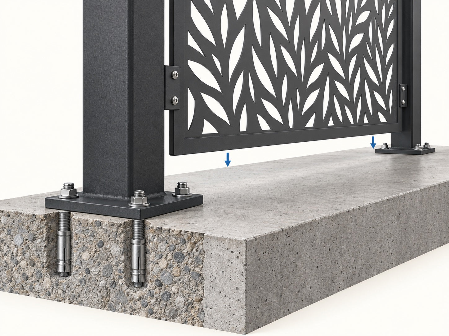 Post-supported screen with a base plate on concrete