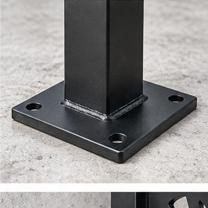 Square privacy screen post welded to a bolt-down base plate