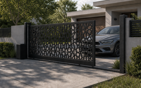 Catalog illustration of a decorative sliding metal gate at a driveway