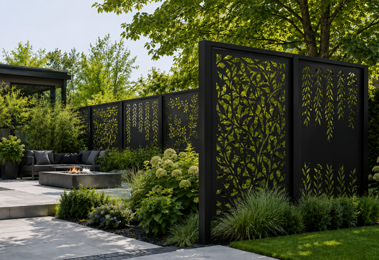 Catalog illustration of botanical laser-cut metal privacy panels in a garden