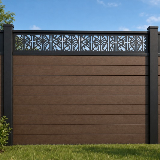 Catalog illustration of a geometric metal topper above composite fence boards