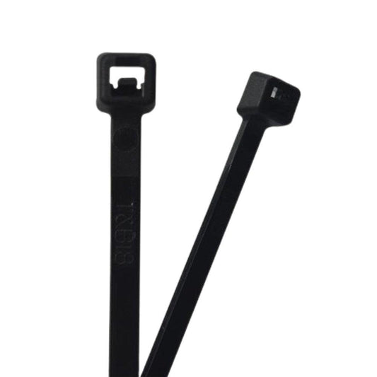 Two black cable ties showing their locking heads and straps