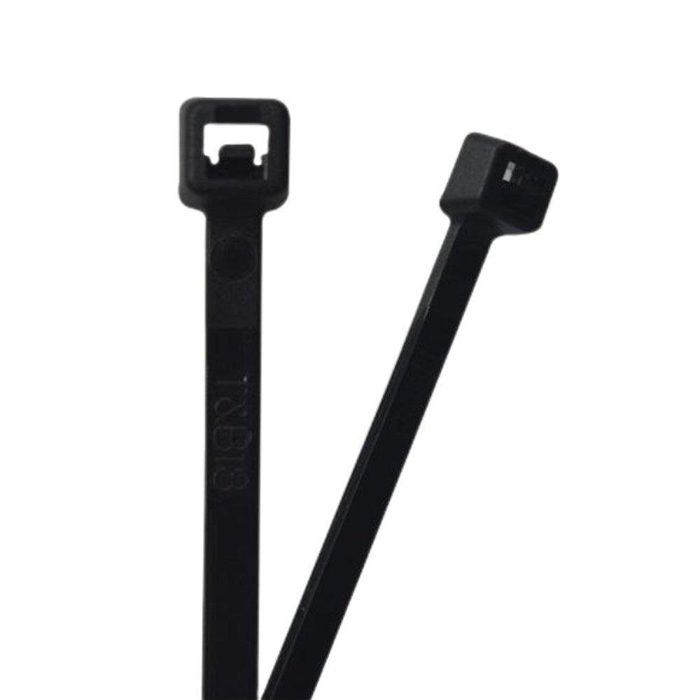 Two black cable ties showing their locking heads and straps