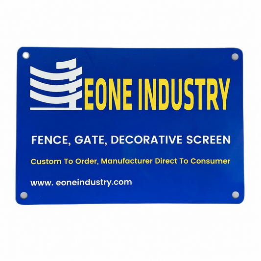 Blue EONE Industry aluminum fence sign with four mounting holes