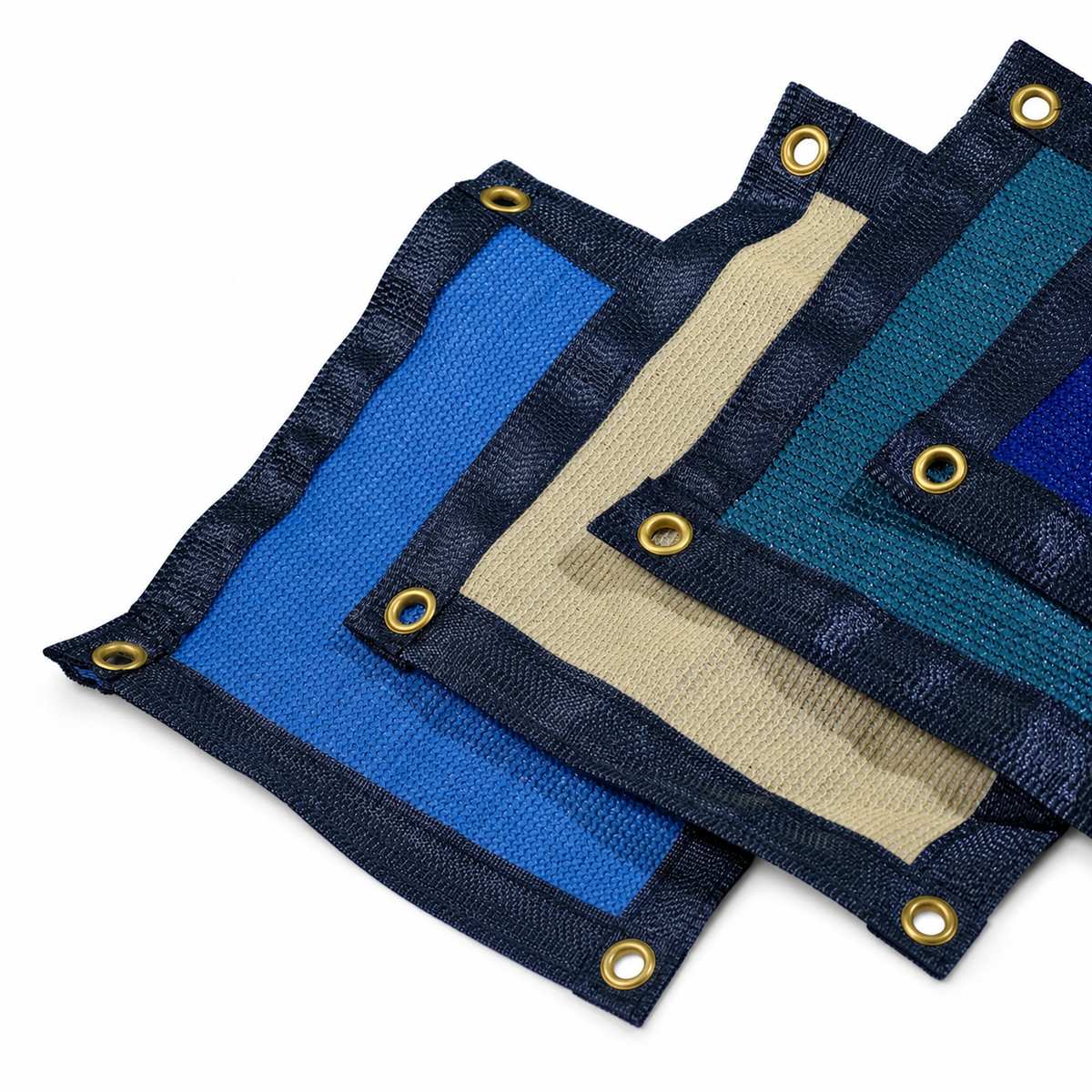 Fence windscreen color samples with reinforced hems and metal grommets