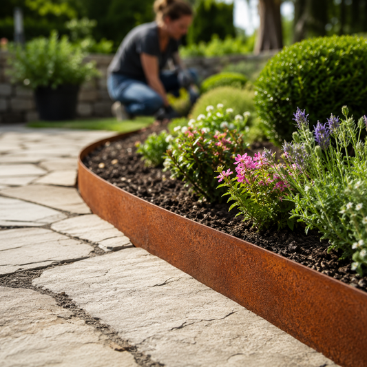 Catalog illustration of curved weathered-metal landscape edging beside planting