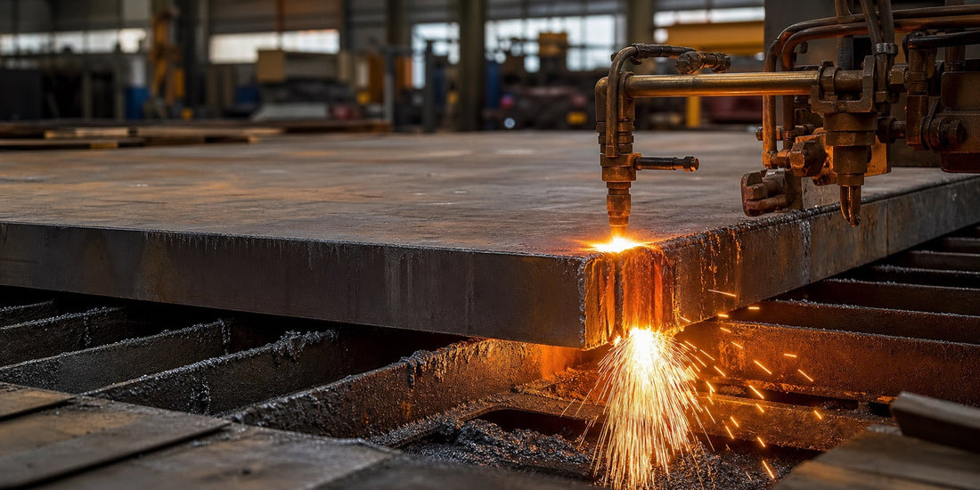 Heavy steel plate flame cutting with sparks in a fabrication workshop