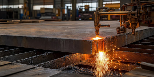 Heavy steel plate flame cutting with sparks in a fabrication workshop