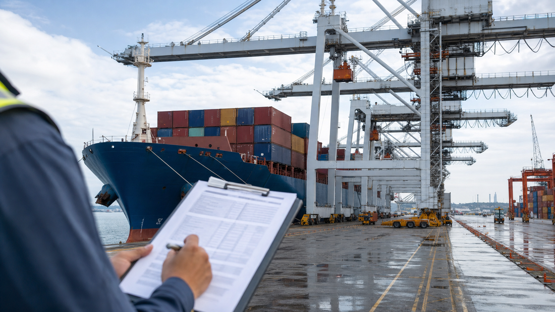 Container vessel and port cranes during ocean freight surcharge planning review