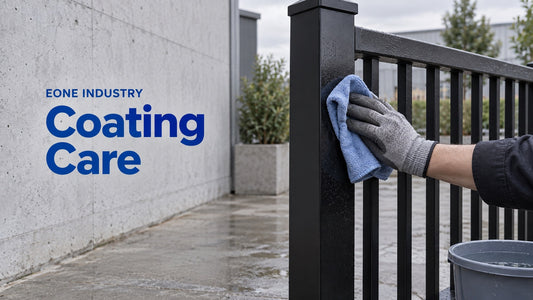 Coating Care: AI-generated editorial illustration of gentle cleaning of a powder-coated fence post