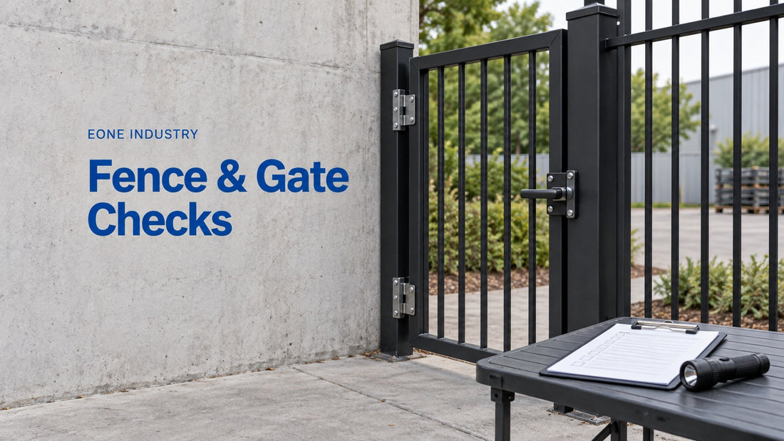 Fence and Gate Checks: AI-generated editorial illustration of a pedestrian gate and inspection checklist