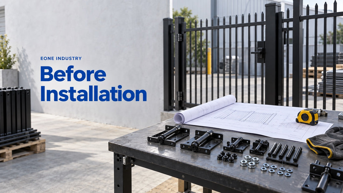 Before Installation: AI-generated editorial illustration of drawings and gate hardware prepared beside a steel fence