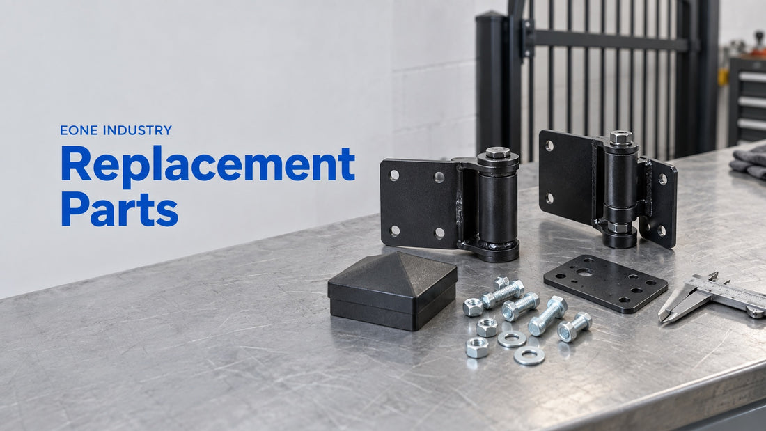 Replacement Parts: AI-generated editorial illustration of gate hinges, fasteners and tools for checking fit