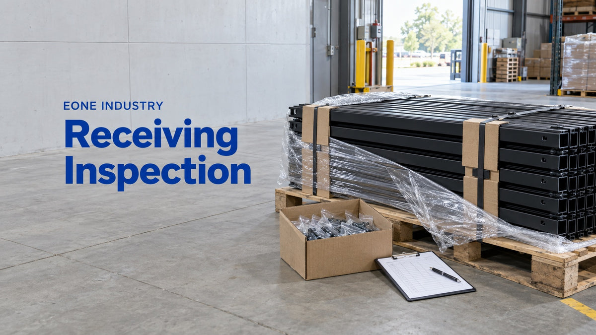 Receiving Inspection: AI-generated editorial illustration of packed fence rails and hardware at a warehouse