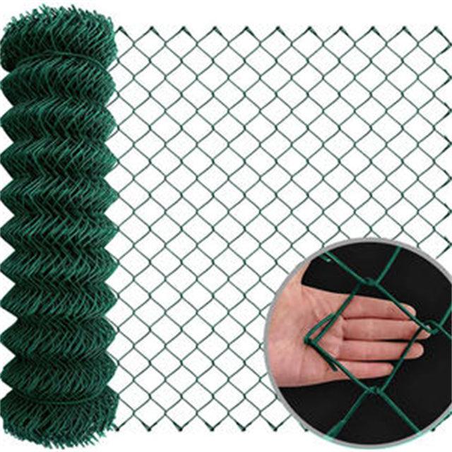 Green coated chain-link fence fabric roll and diamond mesh detail