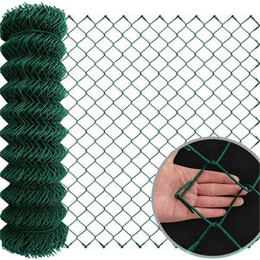Green coated chain-link fence fabric roll and diamond mesh detail