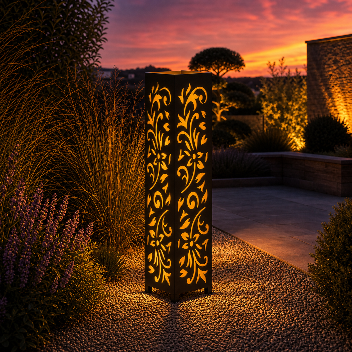 Catalog illustration of an illuminated decorative metal garden light column