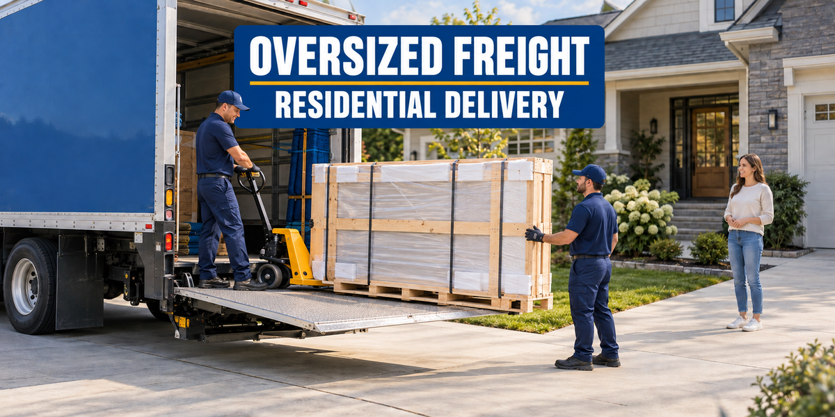 Oversized residential freight delivery by liftgate truck to a U.S. home