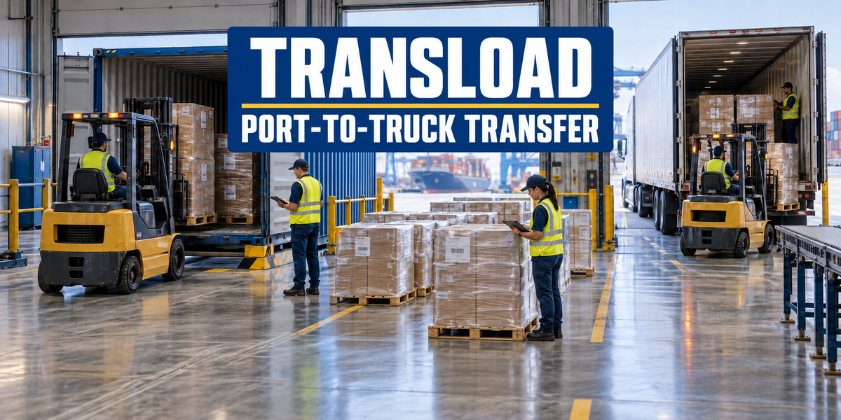 Transload warehouse transferring pallets from an ocean container to a U.S. truck