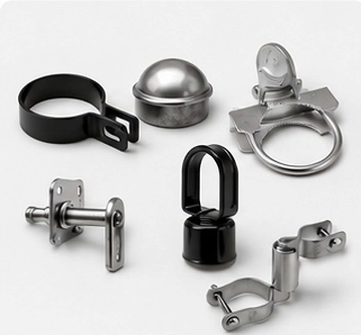 Catalog illustration of metal fence bands, caps, brackets and gate fittings