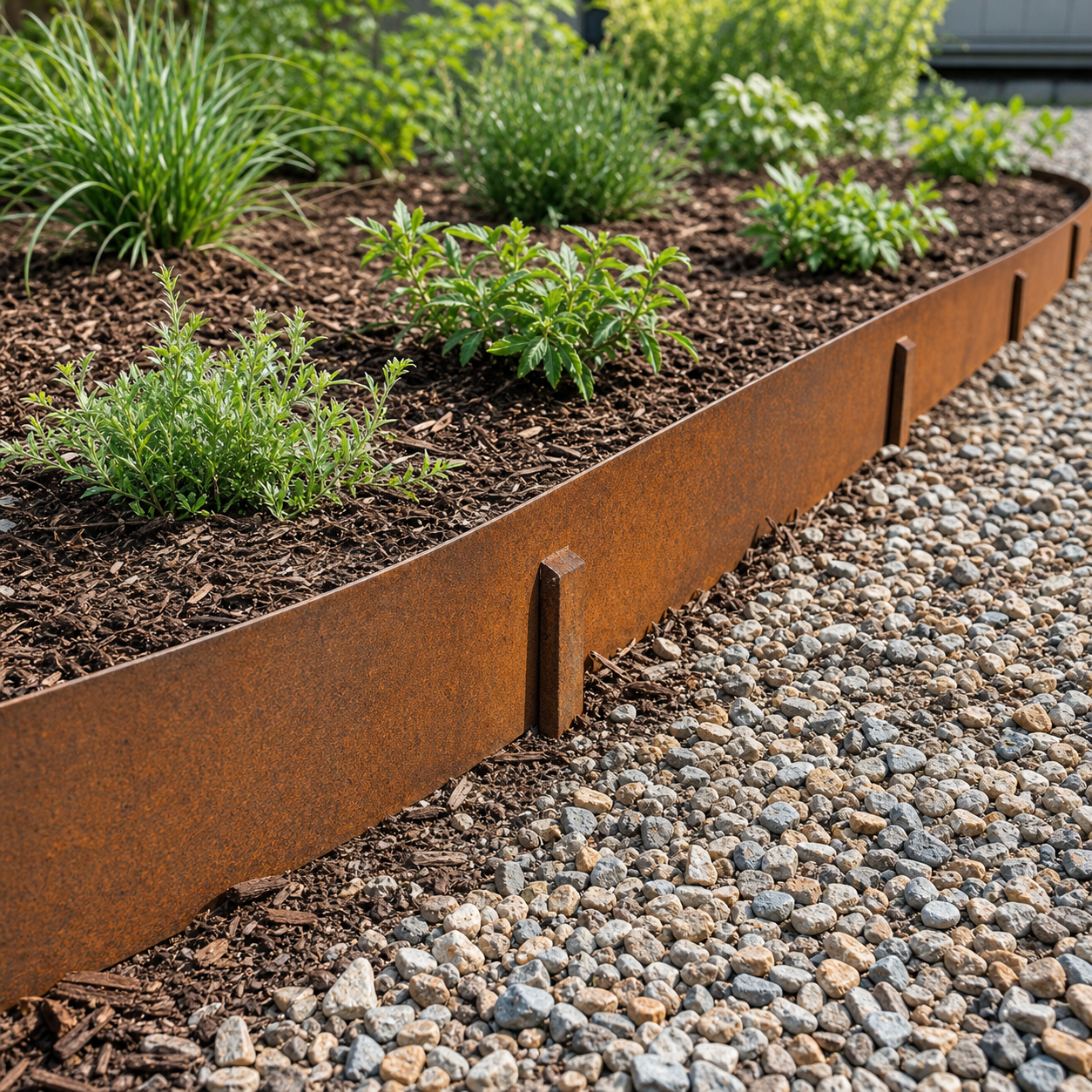 Attached-stake corten metal landscape edging installed with integrated stakes in daylight
