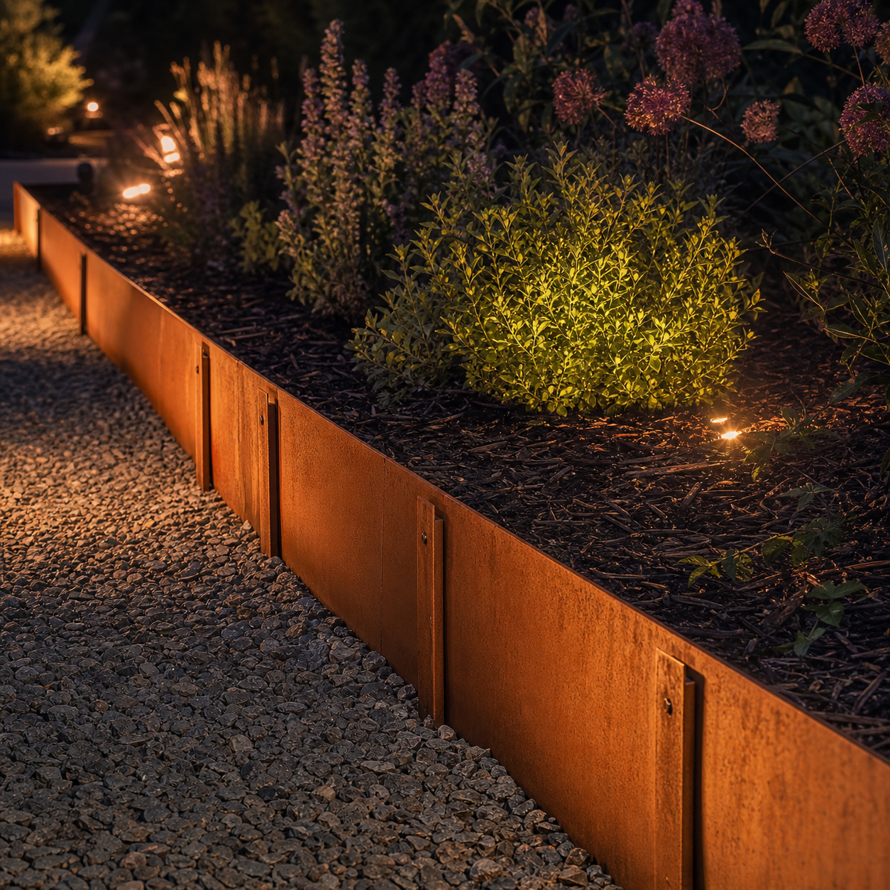 Attached-stake corten metal landscape edging installed with warm garden lighting at night