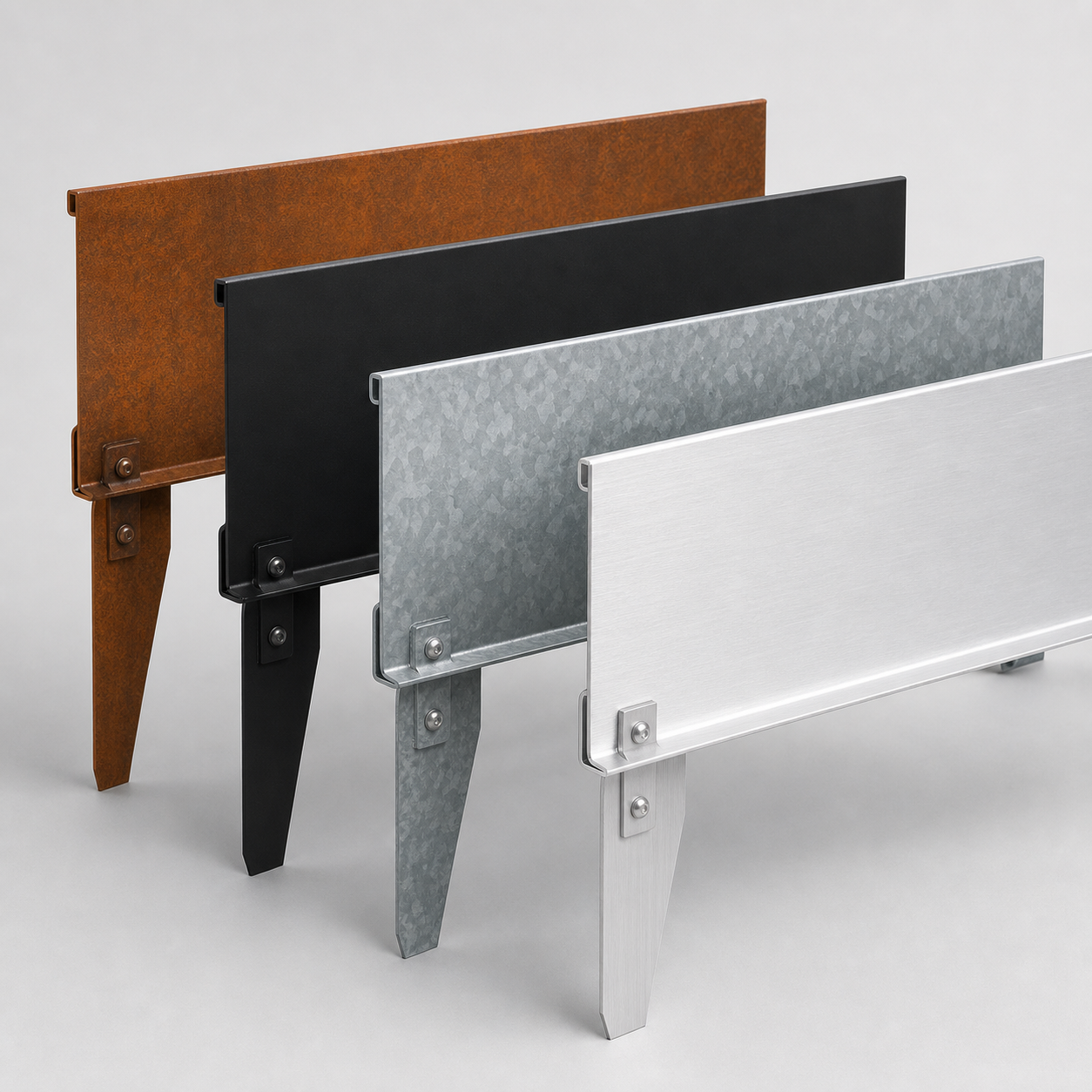 Attached-stake metal landscape edging panels in corten black galvanized and aluminum finishes