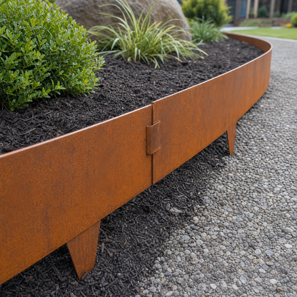 One-piece corten metal landscape edging installed with inside pin-and-pocket connector and sparse soil stakes in daylight