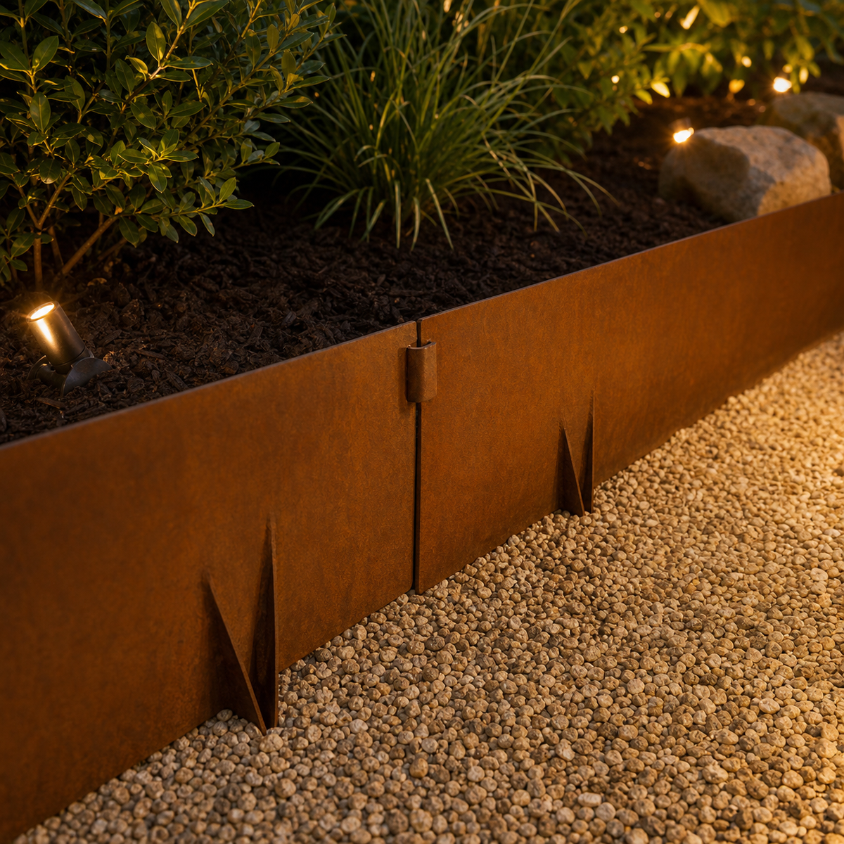 One-piece corten metal landscape edging installed with inside pin-and-pocket connector and warm garden lighting at night