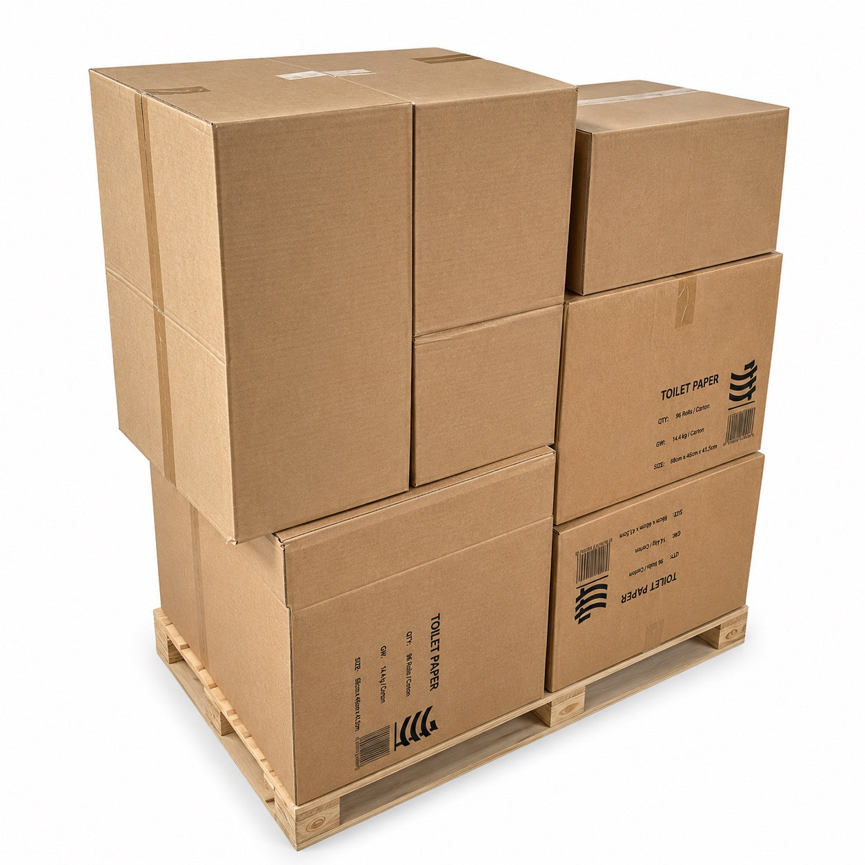 Bulk toilet paper cartons on pallet for 96-roll commercial supply orders