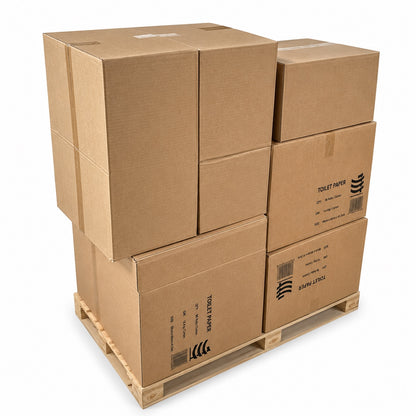 Bulk toilet paper cartons on pallet for 96-roll commercial supply orders