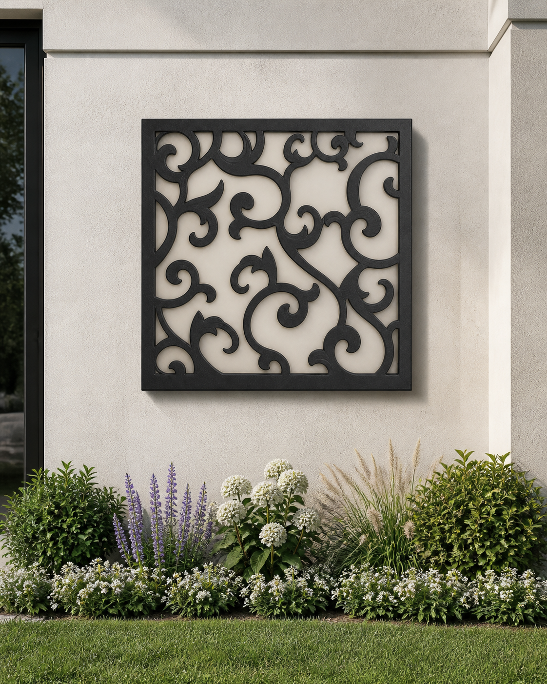 CH-001 Ornamental Scroll Decorative Wall Light Panel - Daytime outdoor wall with flowers
