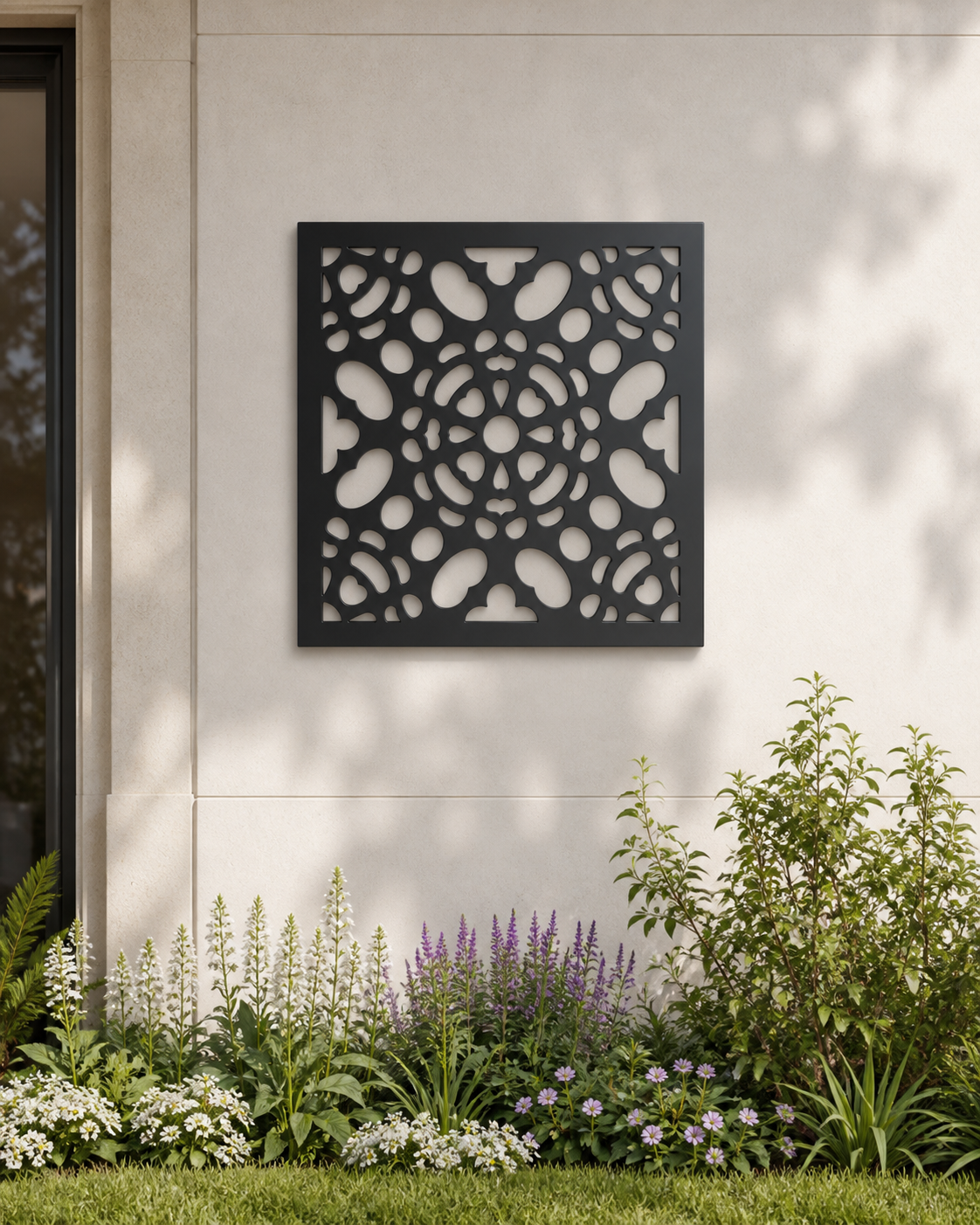 CH-002 Botanical Scroll Decorative Wall Light Panel - Daytime outdoor wall with flowers