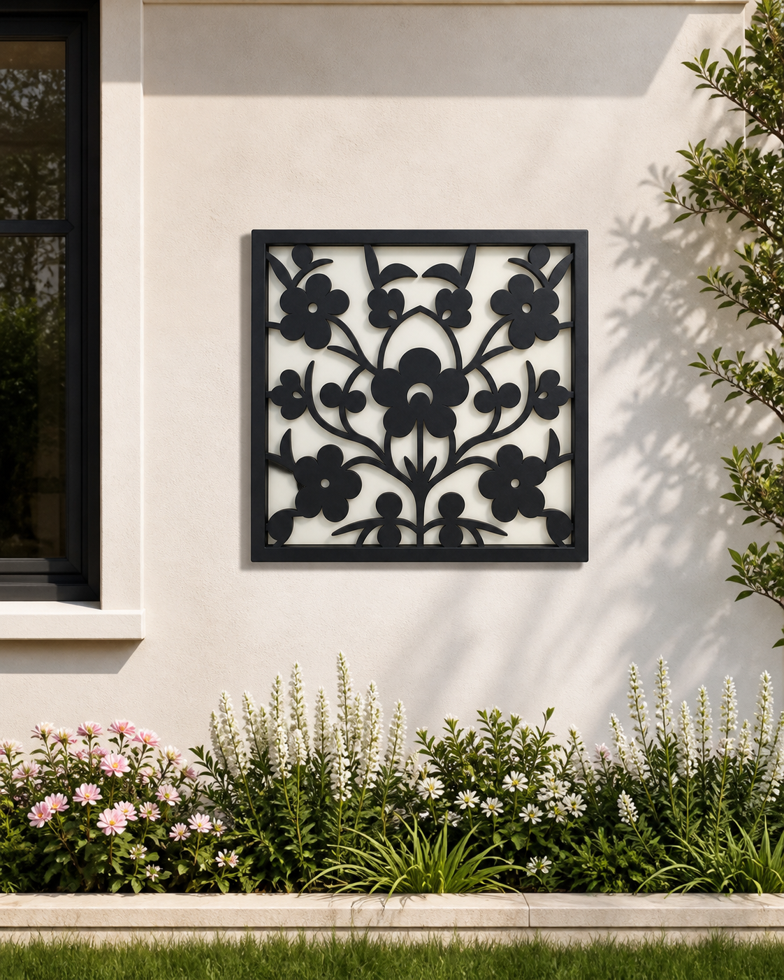 CH-006 Floral Lattice Decorative Wall Light Panel - Daytime outdoor wall with flowers