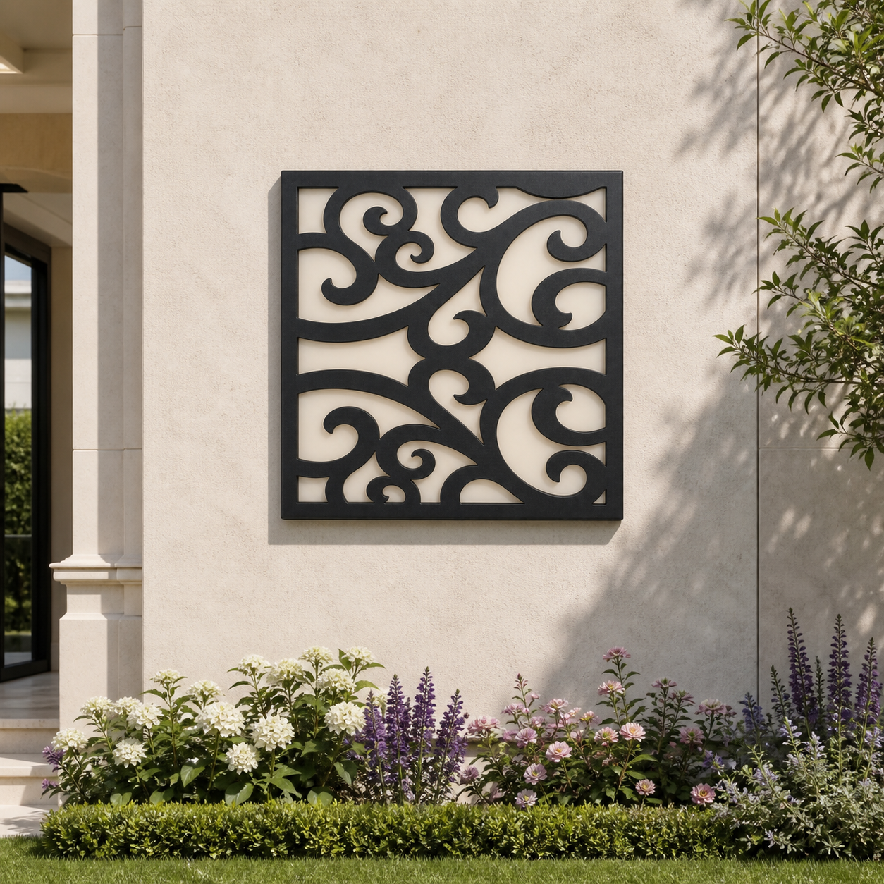 CH-008 Moroccan Lattice Decorative Wall Light Panel - Daytime outdoor wall with flowers