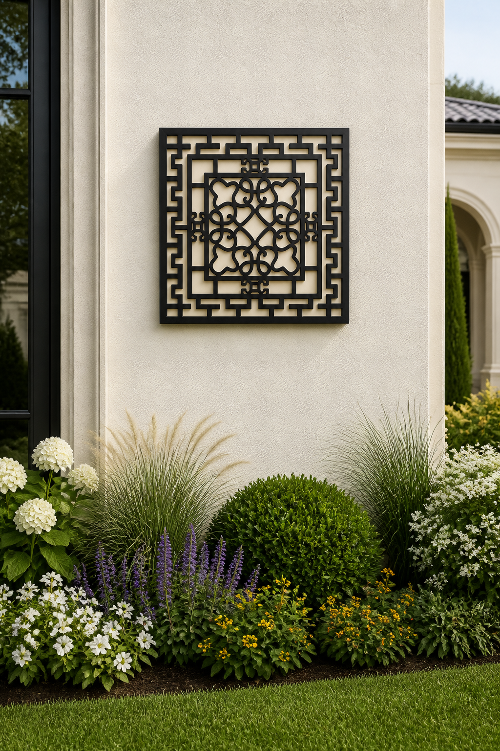 CH-021 Maze Geometry Decorative Wall Light Panel - Daytime outdoor wall with flowers