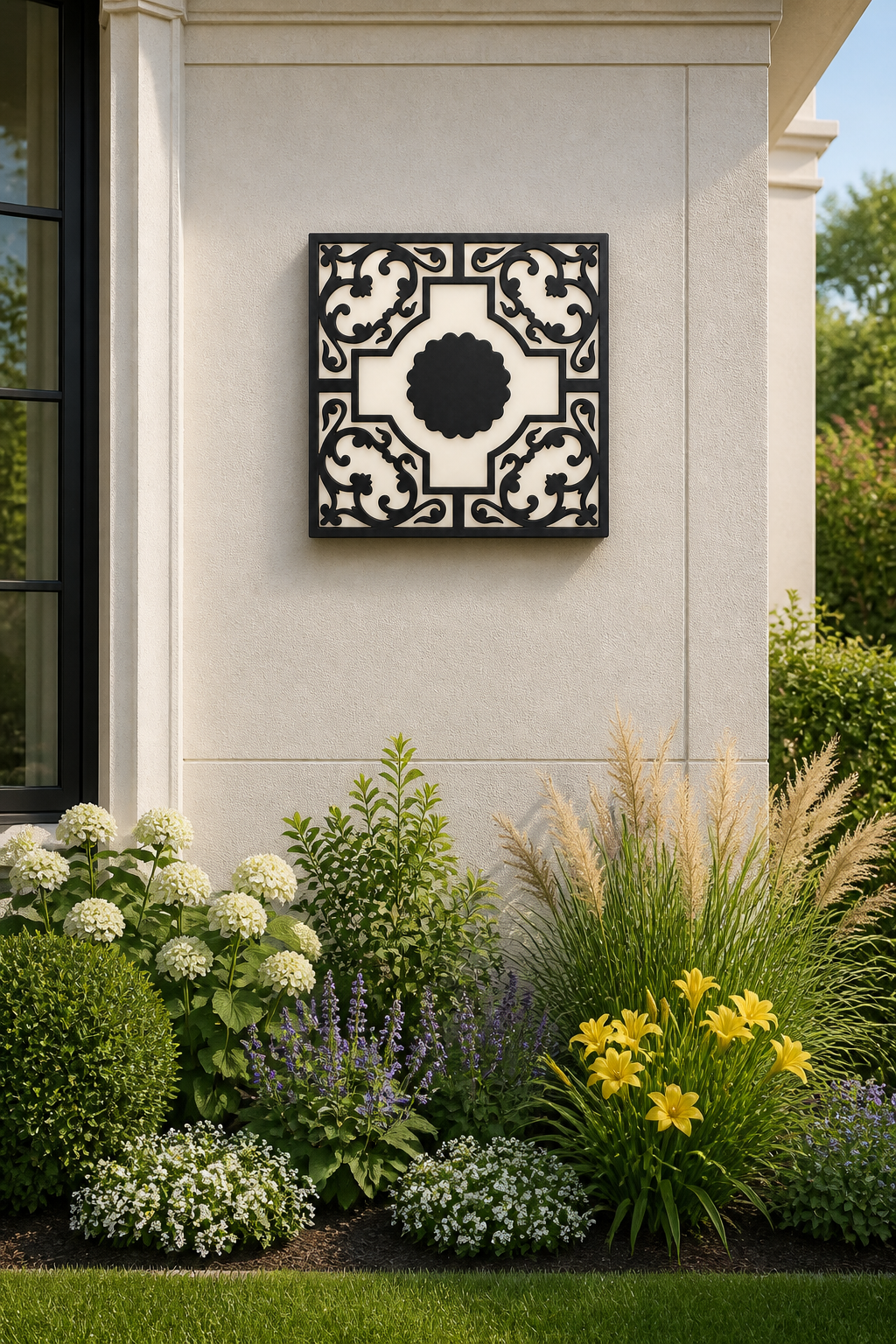 CH-024 Wave Lattice Decorative Wall Light Panel - Daytime outdoor wall with flowers