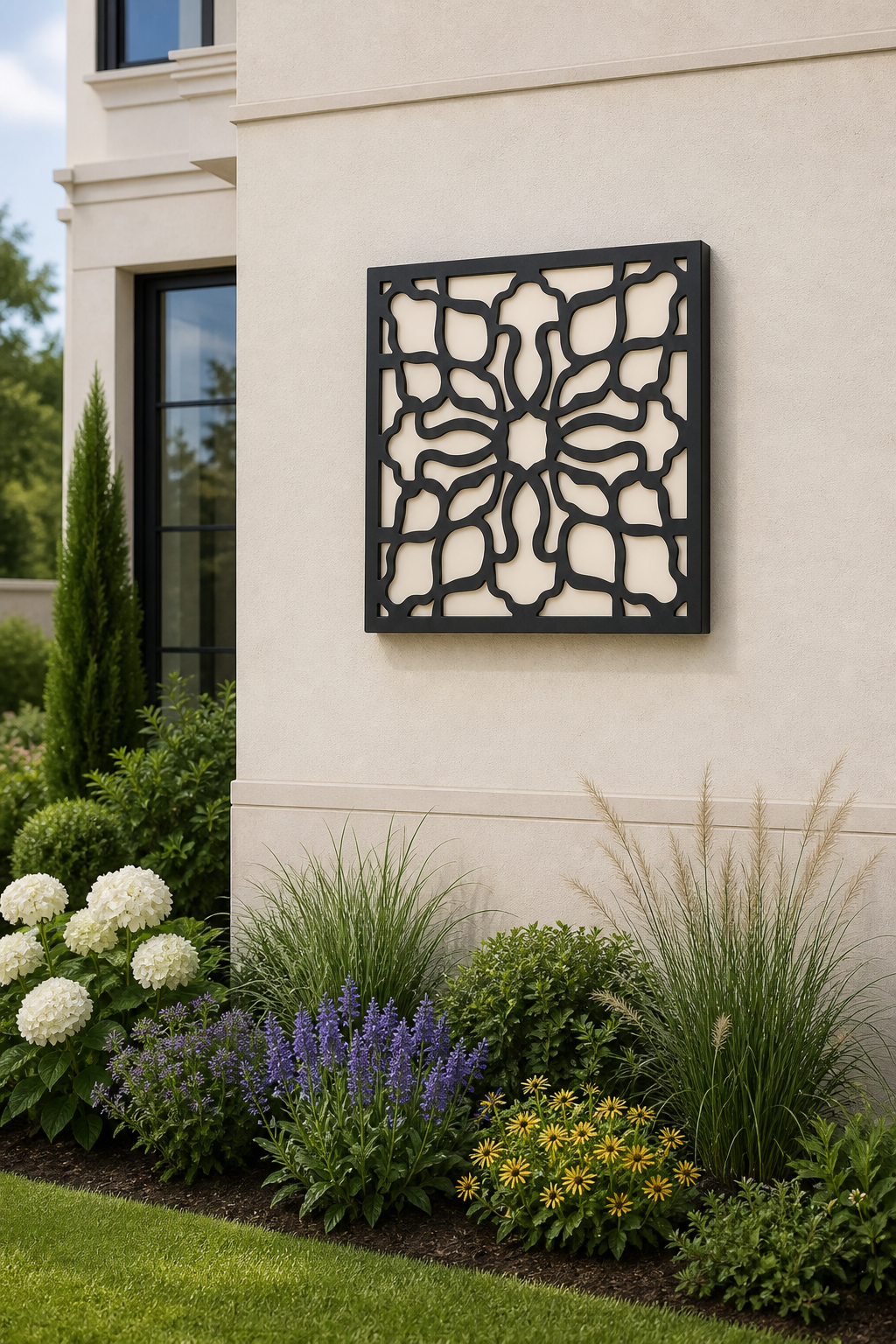 CH-026 Quatrefoil Medallion Decorative Wall Light Panel - Daytime outdoor wall with flowers
