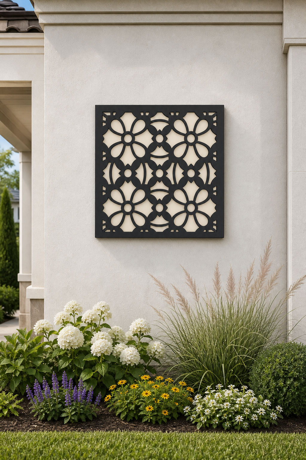 CH-037 Geometric Floral Decorative Wall Light Panel - Daytime outdoor wall with flowers