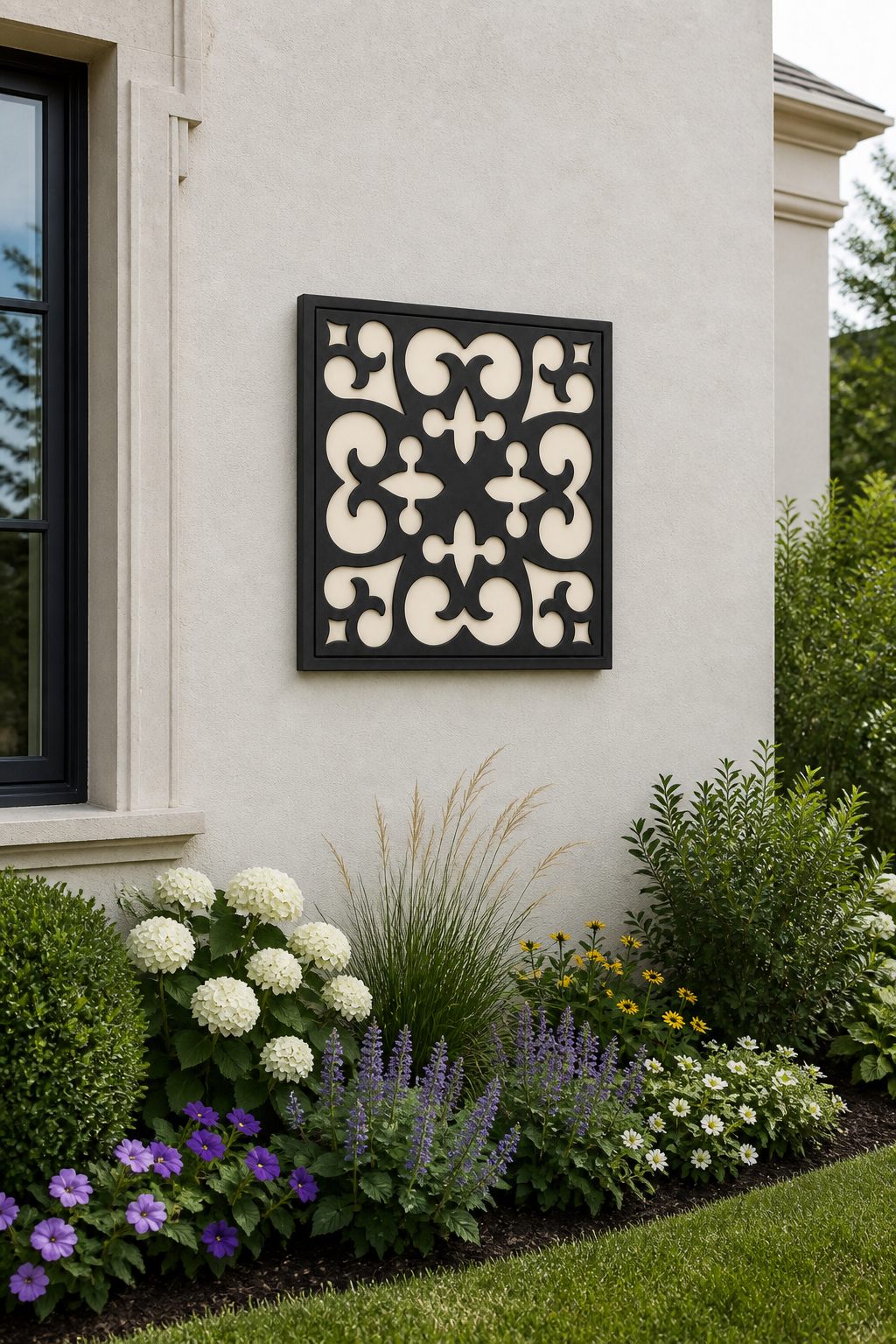 CH-038 Bold Scroll Decorative Wall Light Panel - Daytime outdoor wall with flowers