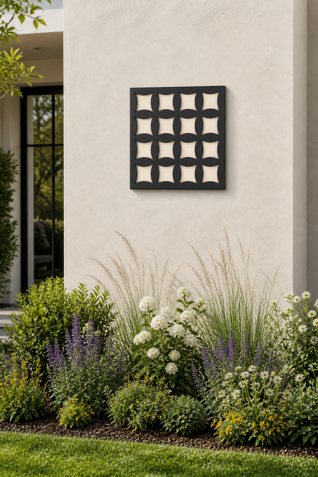 CH-041 Curved Lattice Decorative Wall Light Panel - Daytime outdoor wall with flowers