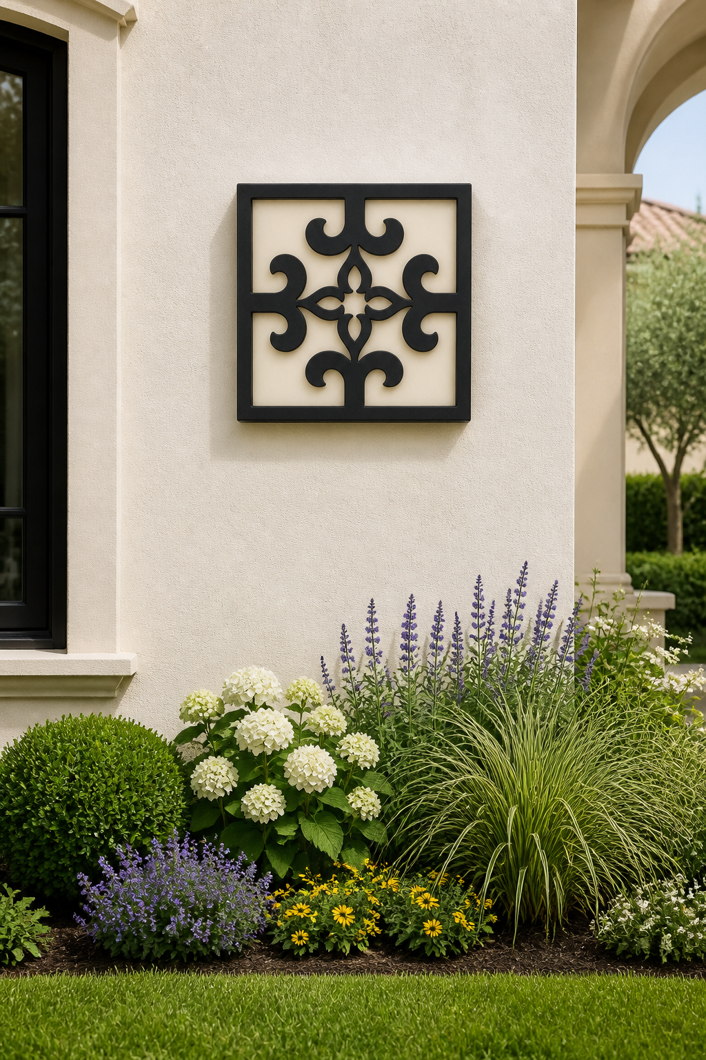 CH-042 Clover Scroll Decorative Wall Light Panel - Daytime outdoor wall with flowers