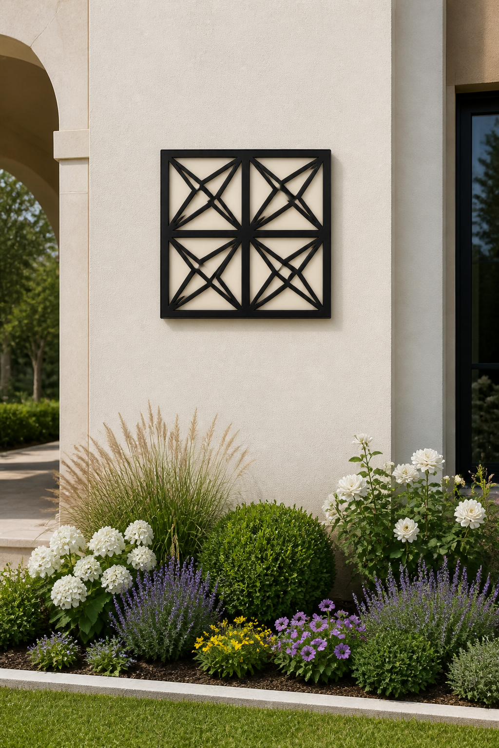 CH-044 Four-Square Geometry Decorative Wall Light Panel - Daytime outdoor wall with flowers
