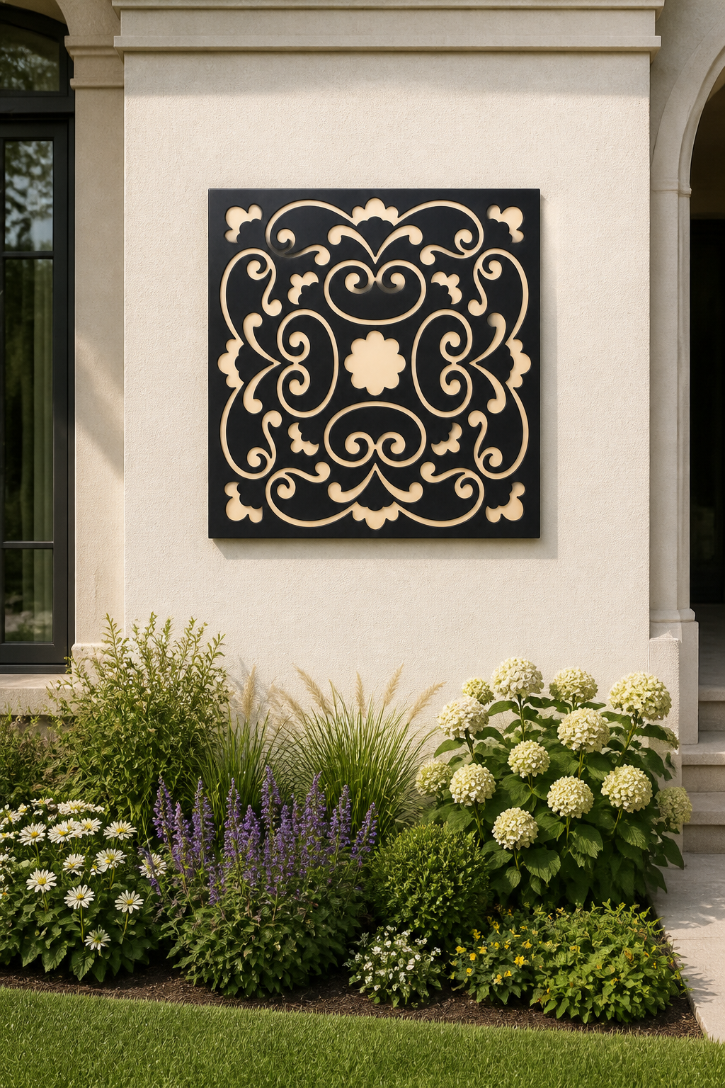 CH-047 Scroll Medallion Decorative Wall Light Panel - Daytime outdoor wall with flowers