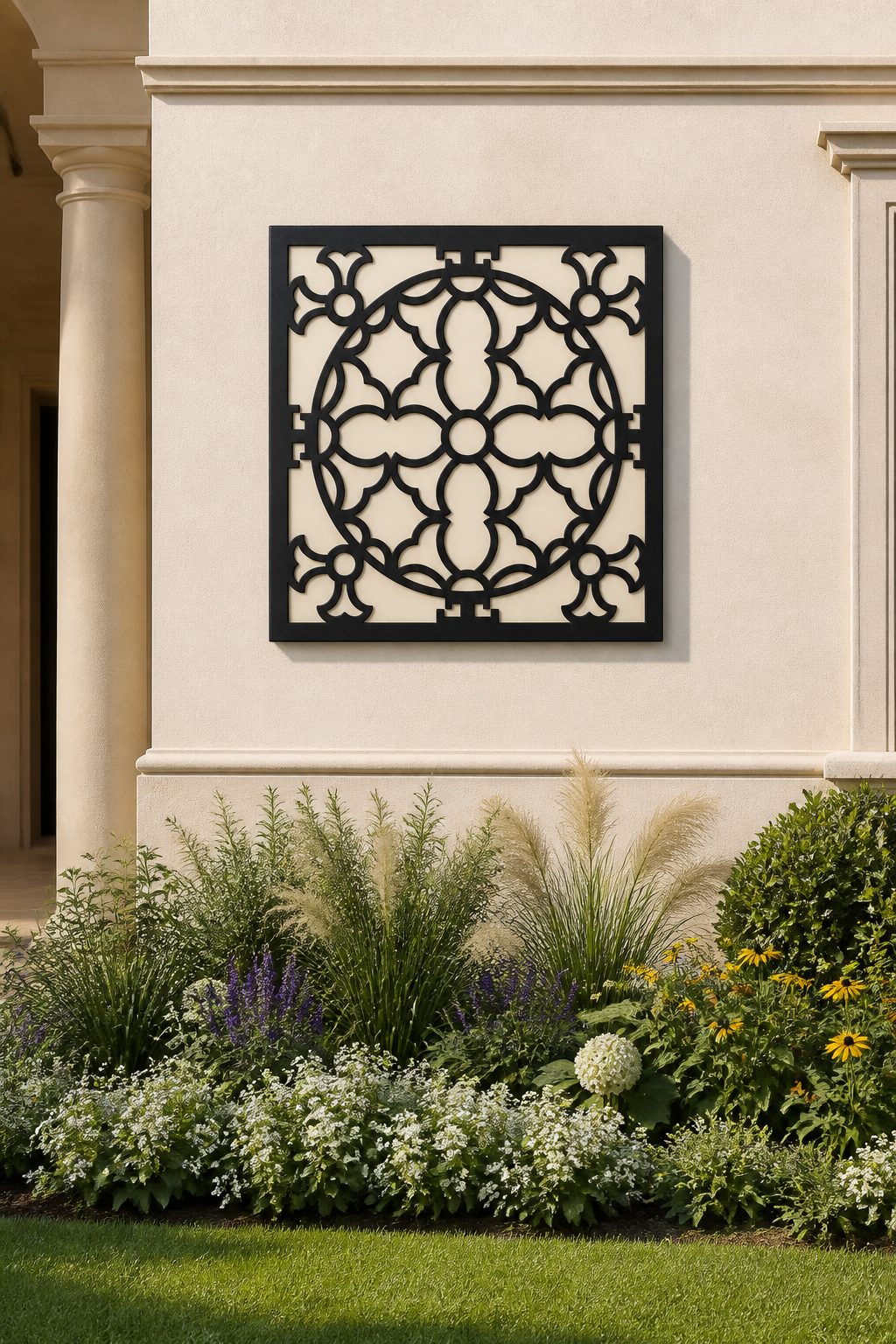 CH-050 Circle Lattice Decorative Wall Light Panel - Daytime outdoor wall with flowers