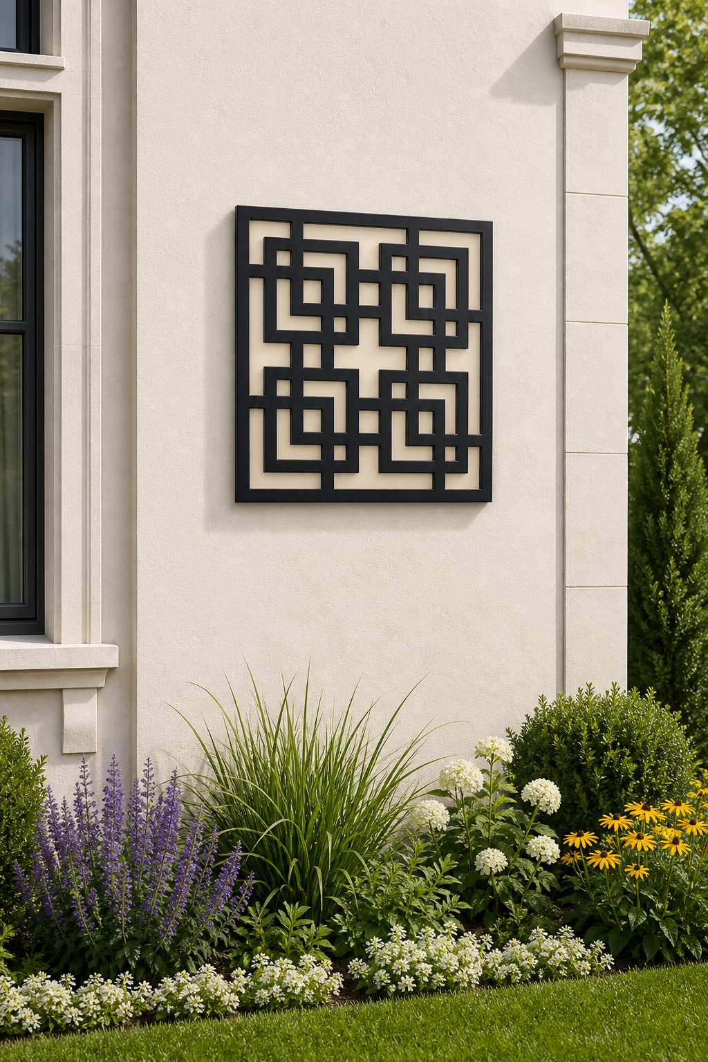 CH-056 Square Key Lattice Decorative Wall Light Panel - Daytime outdoor wall with flowers