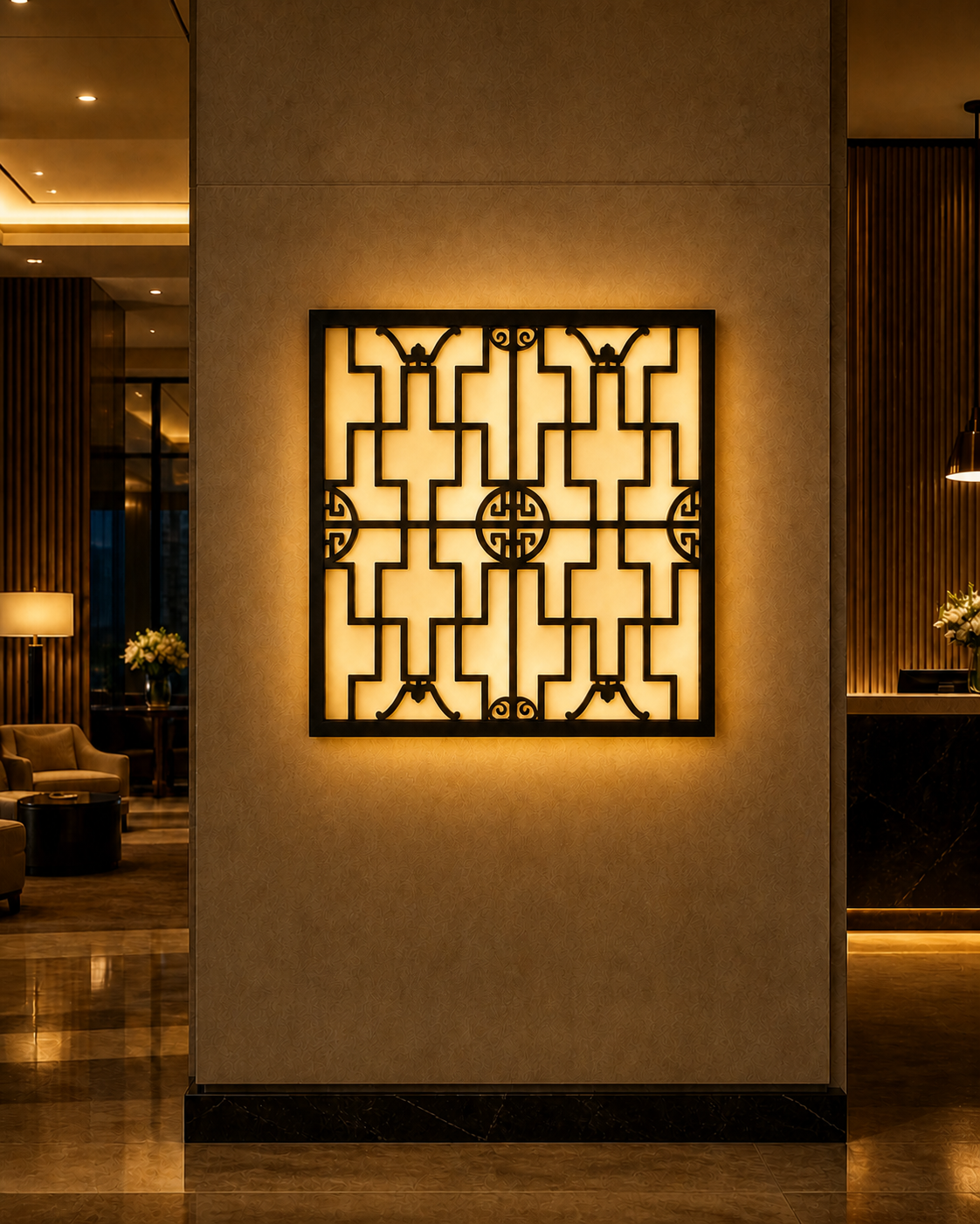 CH-057 Chinese Round Lattice Decorative Wall Light Panel - Hotel lobby ambient lighting