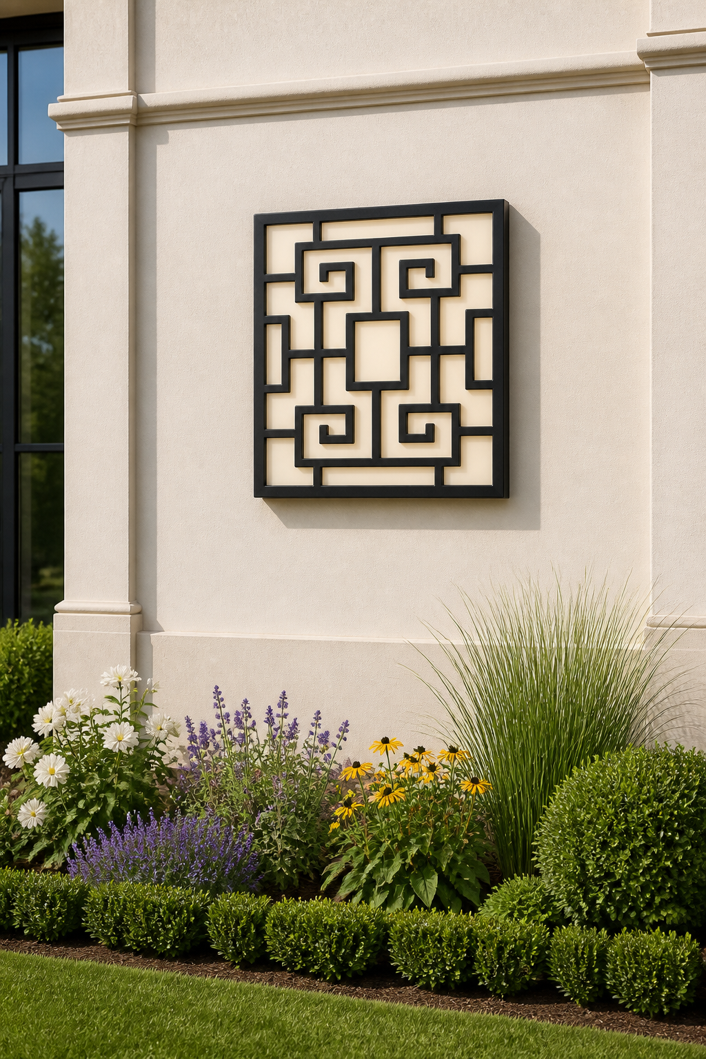 CH-060 Greek Key Lattice Decorative Wall Light Panel - Daytime outdoor wall with flowers