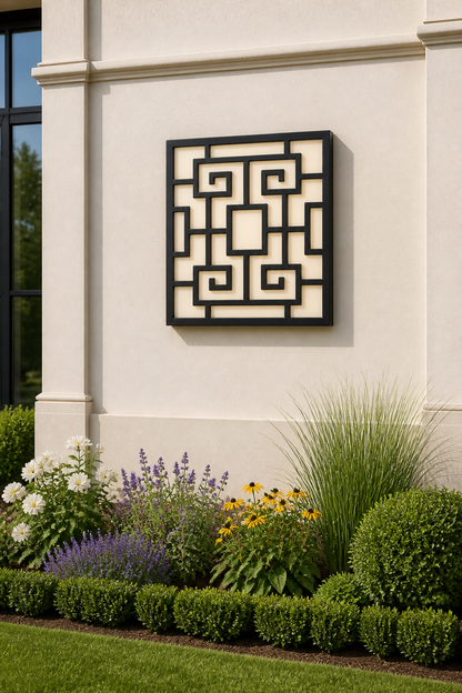 CH-060 Greek Key Lattice Decorative Wall Light Panel - Daytime outdoor wall with flowers