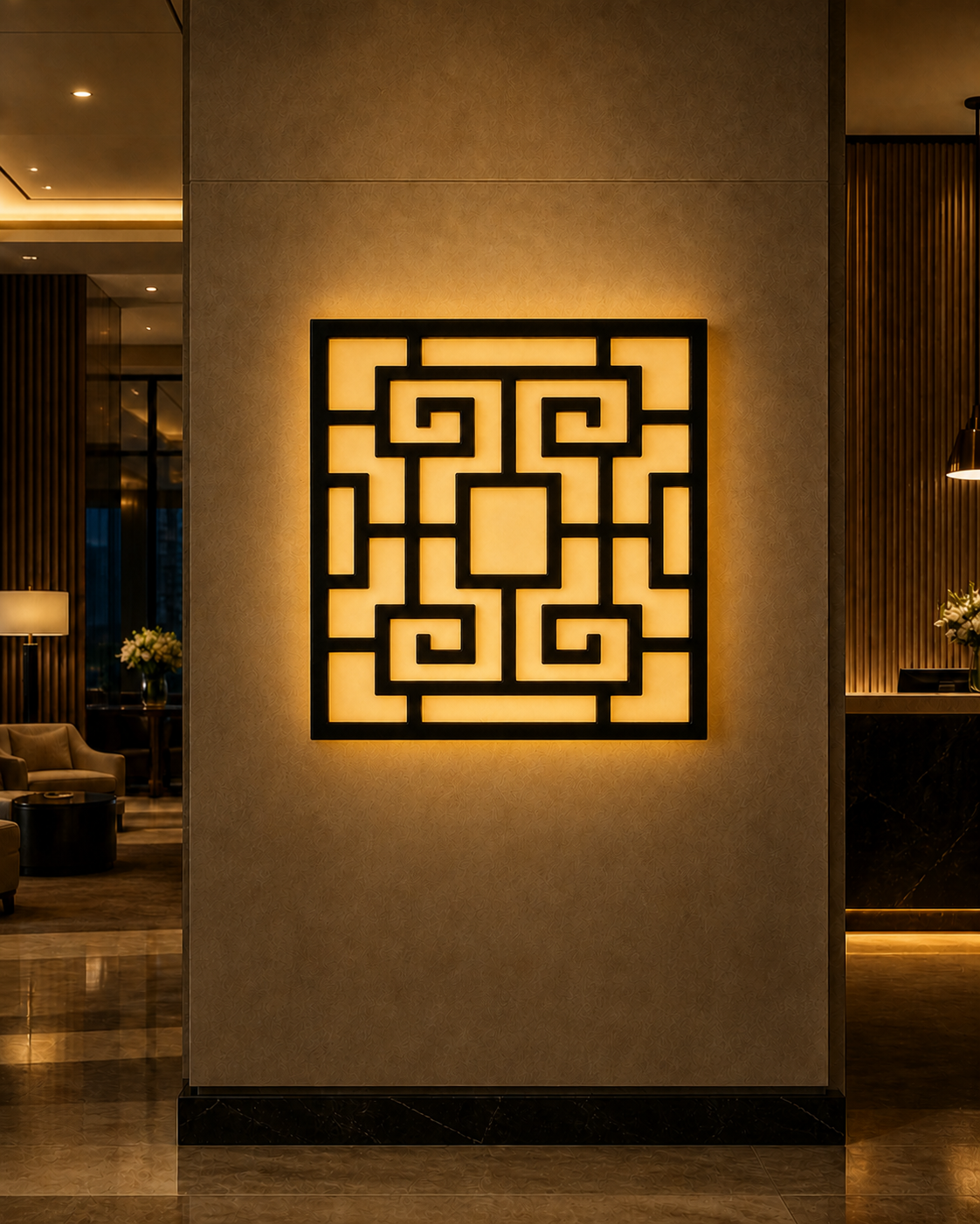 CH-060 Greek Key Lattice Decorative Wall Light Panel - Hotel lobby ambient lighting
